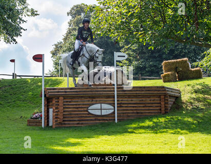 Stamford, Regno Unito. 02Sep, 2017. Come il cavallo è venuto a saltare si fermò fino al salto stesso prima del salvataggio lo sforzo e lo sbarco cavallo e cavaliere in modo sicuro. Credito: Lovelylight/Alamy Live News Foto Stock