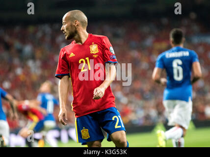 Madrid, Spagna. Il 2 settembre, 2017. David Silva (Mildfierd, Spagna) durante la partita di calcio della Coppa del Mondo FIFA 2018 turno di qualificazione tra Spagna e Italia a Santiago Bernanbeu Stadium il 2 settembre 2017 a Madrid, Spagna. ©David Gato/Alamy Live News Foto Stock