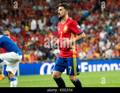 Madrid, Spagna. Il 2 settembre, 2017. David Villa (avanti, Spagna) durante la partita di calcio della Coppa del Mondo FIFA 2018 turno di qualificazione tra Spagna e Italia a Santiago Bernanbeu Stadium il 2 settembre 2017 a Madrid, Spagna. ©David Gato/Alamy Live News Foto Stock