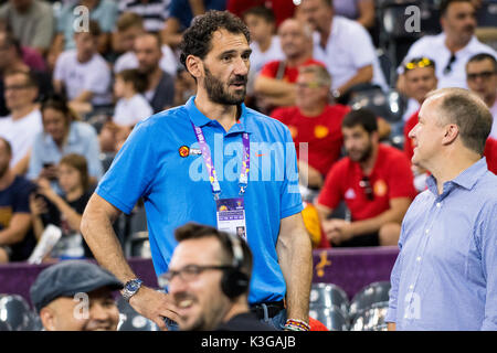 1 Settembre 2017: Jorge Garbajosa - il presidente del Basket spagnolo russa durante la FIBA Eurobasket 2017 - Gruppo C, gioco tra la Spagna e il Montenegro presso la sala polivalente, Cluj-Napoca, Romania ROU. Foto: Cronos Foto Stock