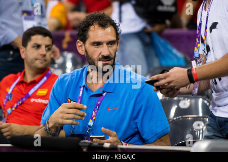 1 Settembre 2017: Jorge Garbajosa - il presidente del Basket spagnolo russa durante la FIBA Eurobasket 2017 - Gruppo C, gioco tra la Spagna e il Montenegro presso la sala polivalente, Cluj-Napoca, Romania ROU. Foto: Cronos Foto Stock