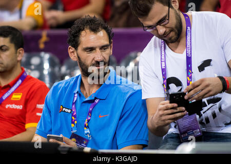 1 Settembre 2017: Jorge Garbajosa - il presidente del Basket spagnolo russa durante la FIBA Eurobasket 2017 - Gruppo C, gioco tra la Spagna e il Montenegro presso la sala polivalente, Cluj-Napoca, Romania ROU. Foto: Cronos Foto Stock