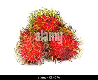 Ripe rosso tre rambutans pices Foto Stock