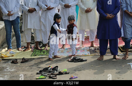 Kolkata, India. 02Sep, 2017. Devoti musulmani offrono la preghiera in occasione della Eid-Al-Adha. Credito: Sanjay Purkait/Pacific Press/Alamy Live News Foto Stock