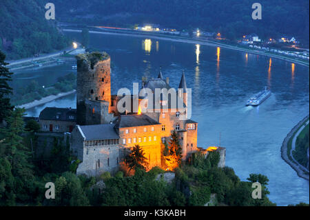 In Germania, in Renania Palatinato, Sankt-Goarshausen, (Burg) castello di Katz, il romantico Reno elencati come patrimonio mondiale dall' UNESCO Foto Stock