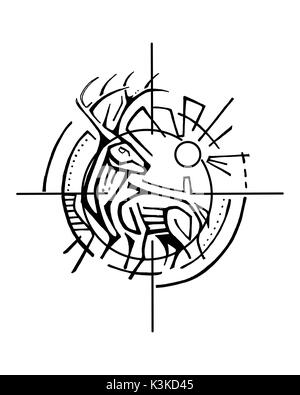 Disegnata a mano illustrazione vettoriale o di disegno di un cervo con grandi corna Foto Stock