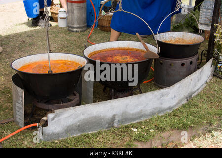 Tradizionale piatto ungherese - bogracs gulasch, stufati di carne e verdure nel calderone, fuori in inverno camino. Foto Stock