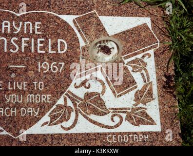 La pietra per JAYNE MANSFIELD nel cimitero di Hollywood e Los Angeles. Questo close-up mostra che il ritratto di Jayne è stato danneggiato Foto Stock