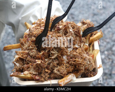 Tirate la carne di maiale con patate fritte e mozzarella Foto Stock