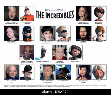 Gli incredibili [US 2004] [L-R] Craig T. Nelson voci Bob Parr / Sig. incredibile, HOLLY HUNTER voci Helen Parr / Elastigirl, SARAH VOWELL voci Violetta Parr, SPENCER FOX voci Dash Parr, Jason Lee voci Buddy Pine / sindrome, Samuel L. Jackson voci Lucius Best / Frozone, Brad Bird voci Edna e modalità, Wallace Shawn voci Gilbert Huph, JOHN RATZENBERGER voci Underminer, ELIZABETH Peña voci Mirage data: 2004 Foto Stock