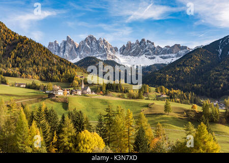 Paesaggio autunnale con Odle vette delle Dolomiti sullo sfondo. Santa Maddalena, Funes, Bolzano, Trentino Alto Adige - Sudtirol, Italia, Europa. Foto Stock