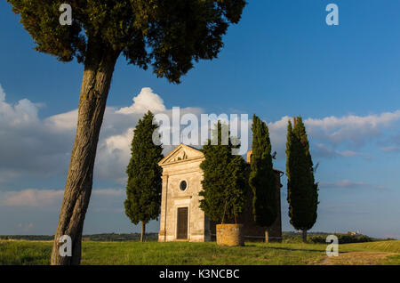 Circondato dai tipici toscani di cipressi, la cappella della Madonna di Vitaleta,Toscana,l'Italia, e sullo sfondo la cittadina di Pienza. Foto Stock