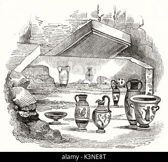 Resti di uno scheletro di riposo in una tomba di pietra con vasi greci. Vecchio incisi riproduzione di una tomba greca. Dopo il disegno di Sevres fabbricazione pubblicato il Magasin pittoresco Parigi 1839 Foto Stock