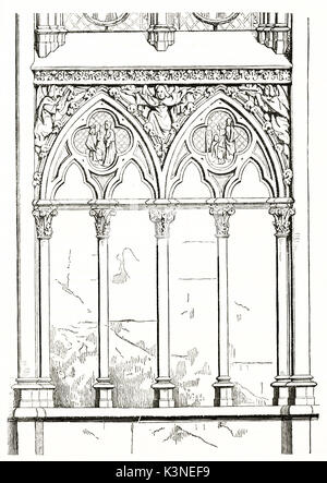 Vecchio inciso di riproduzione ad arco acuto windows e dettagliati bassorilievi nella Sainte-Chapelle (Santa Cappella) Parigi. Da autore non identificato pubblicato il Magasin pittoresco Parigi 1839 Foto Stock