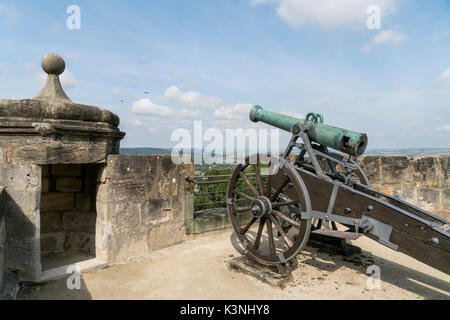 Kanone der Burg Veste Coburg in Coburg, Oberfranken, Bayern, Deutschland | canon, Veste Coburg, o fortezza di Coburg, Coburg, Alta Franconia, Bavari Foto Stock