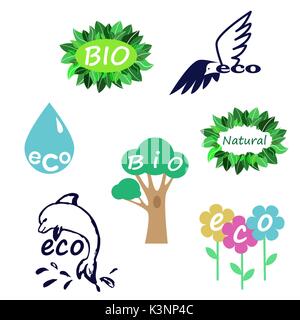 Collezione di vettore di emblemi. Bio, eco, naturale, prodotto organico stickers concetto. Illustrazione Vettoriale