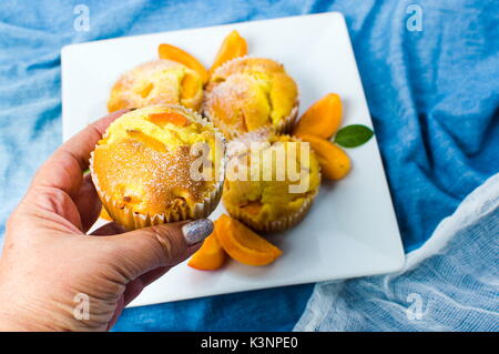 Fatti in casa muffin di albicocche con frutta in una ciotola Foto Stock