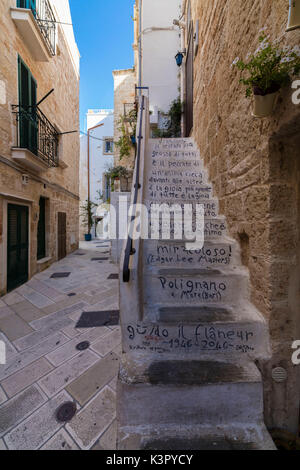 Tipico vicolo e le case del centro storico di Polignano a Mare in provincia di Bari Puglia Italia Europa Foto Stock