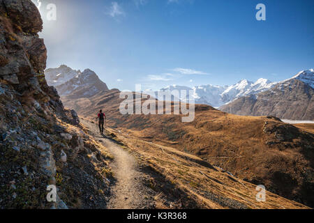 Escursionista nella luce del sole Languard Valle Engadina Canton Grigioni Svizzera Europa Foto Stock