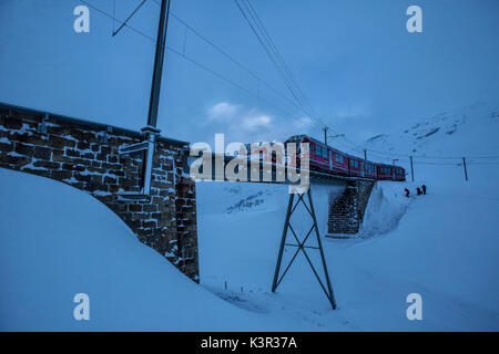 Bernina Express al Passo Bernina del Cantone dei Grigioni Svizzera Europa Foto Stock