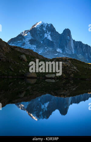 Vista di Les Grandes Jorasses più straordinariamente complesso e potente struttura del massiccio del Monte Bianco. Francia Foto Stock