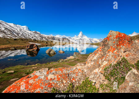 Valle di Zermatt e il Cervino riflesso sulla Stellisee, Vallese, Svizzera Foto Stock