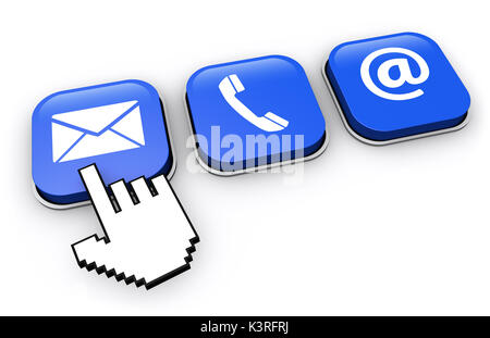 Sito web contattaci pulsanti blu con l'e-mail, telefono e icona a 3D'illustrazione. Foto Stock