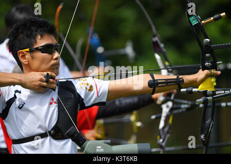 Tokyo, Giappone. Credito: MATSUO. 3 Sep, 2017. Tomohiro Ueyama tiro con l'Arco : 2017 Giappone Para campionati di tiro con l'arco uomini individuale cambio aperto al parco Koganei a Tokyo in Giappone. Credito: MATSUO .K AFLO/sport/Alamy Live News Foto Stock