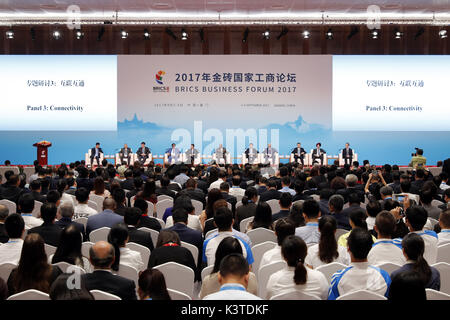 Xiamen, cinese della provincia del Fujian. 4 Sep, 2017. Un panel di discussione sulla connettività si è svolta durante il BRICS Business Forum di Xiamen, a sud-est della Cina di provincia del Fujian, Sett. 4, 2017. Credito: Shen Bohan/Xinhua/Alamy Live News Foto Stock