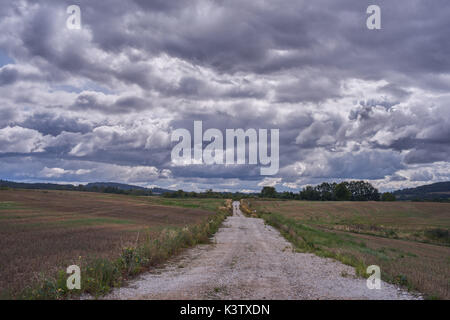 Grigio drammatico nuvole sopra i campi nei pressi del Monte Sleza Bassa Slesia Polonia Nieder Schlesien Foto Stock