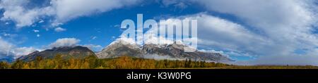 Caduta delle Foglie alla treeline delle Montagne Rocciose Teton Range al Parco Nazionale di Grand Teton 23 Settembre 2016 vicino alci, Wyoming. (Foto di Giovanni Tobiason via Planetpix) Foto Stock