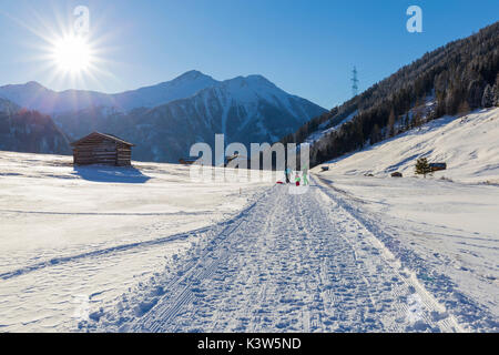 Famiglia a piedi attraverso i sentieri invernali sull altopiano. Pfunds Tschey, Pfunds, Inntal, Tirol, Osterreich, Europa Foto Stock