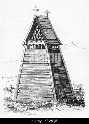 Vecchia illustrazione di Borgund doga chiesa distaccata belfry, Norvegia. Da autore non identificato, pubblicato il Magasin pittoresco, Parigi, 1841 Foto Stock