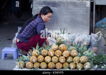 A Saigon, Vietnam - Giugno 2017: Donna vendita di ananas sulla strada del mercato, a Saigon, Vietnam. Foto Stock