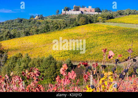 Paesaggio e il paesaggio della Toscana - golden autumn vigneti. Il castello di Brolio. Italia Foto Stock