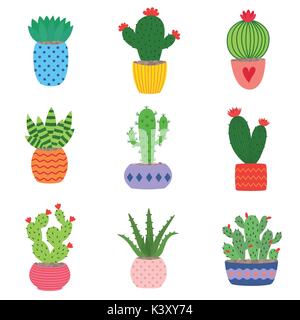 Il cactus e le piante succulente in vasi. Illustrazione di set disegnati a mano dei cactus e delle succulente in crescita in graziosi piccoli vasi. Illustrazione Vettoriale