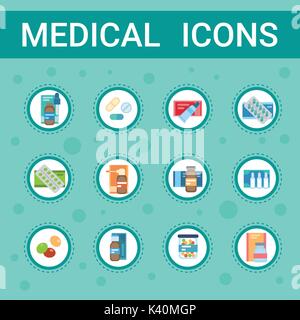 Icona di farmacia pillole impostare Cure Mediche Cliniche Servizi ospedalieri Medicina raccolta di farmaci Illustrazione Vettoriale