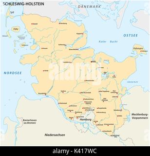 Mappa dello stato SCHLESWIG-HOLSTEIN con le più importanti città Illustrazione Vettoriale