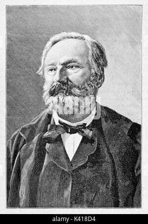 Busto antico ritratto inciso di Victor Hugo (1802 - 1885) in eleganti vestiti antichi. Poeta francese il drammaturgo e romanziere. Da E. Matania pubblicato su Garibaldi e i suoi tempi Milano Italia 1884 Foto Stock