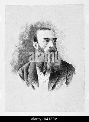 Antico ritratto di un uomo alla ricerca intellettuale con la sua barba lunga e piccoli bicchieri. Antonio Mosto (1834 - 1880) patriota italiano. Da E. Matania su Garibaldi e i suoi tempi Milano Italia 1884 Foto Stock