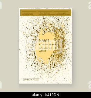 Oro spruzzi di vernice, splatter esplosione glitter cornice artistica copre design. Natale decorativo texture granito Spray giallo oro sfondi bianco Illustrazione Vettoriale