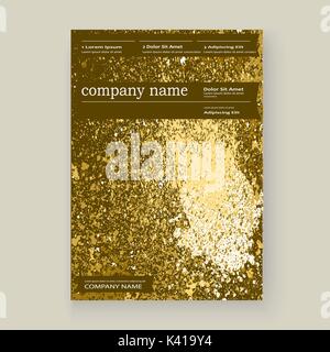 Oro spruzzi di vernice, splatter esplosione glitter cornice artistica copre design. Natale decorativo texture granito Spray giallo oro sfondi bianco Illustrazione Vettoriale