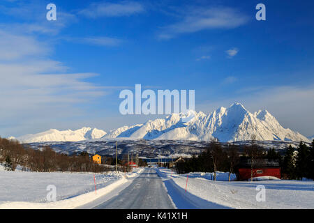 Cielo blu e cime innevate intorno a boschi Alpi Lyngen Tromsø Lapponia Norvegia Europa Foto Stock