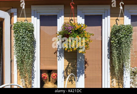 Vista di una piccola e bella casa in legno esterne con le finestre sono decorate con fiori appesi. Foto Stock