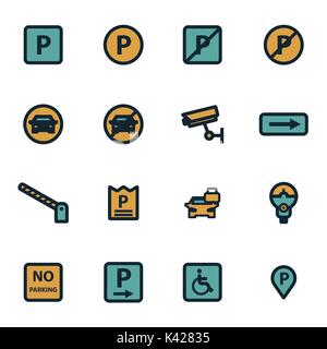 Vettore parcheggio piatto set di icone su sfondo bianco Illustrazione Vettoriale