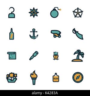 Vettore pirata piatto set di icone su sfondo bianco Illustrazione Vettoriale