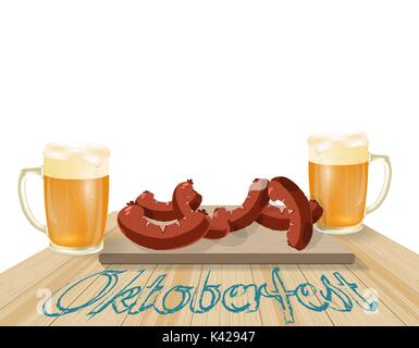 Oktoberfest banner di colore bavarese. Luce e birra scura, salsicce su un tavolo di legno. Festa della Baviera Oktoberfest. illustrazione Illustrazione Vettoriale