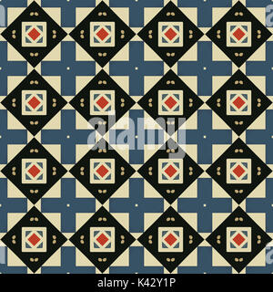 Seamless pattern illustrato fatta di elementi astratti in beige, blu, rosso e nero Foto Stock