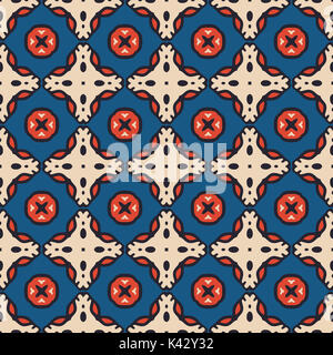 Seamless pattern illustrato fatta di elementi astratti in beige, blu, rosso e nero Foto Stock