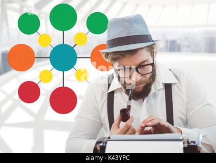 Composito Digitale del Hipster su nastri inchiostratori per macchine da scrivere con colorati mappa mentale Foto Stock